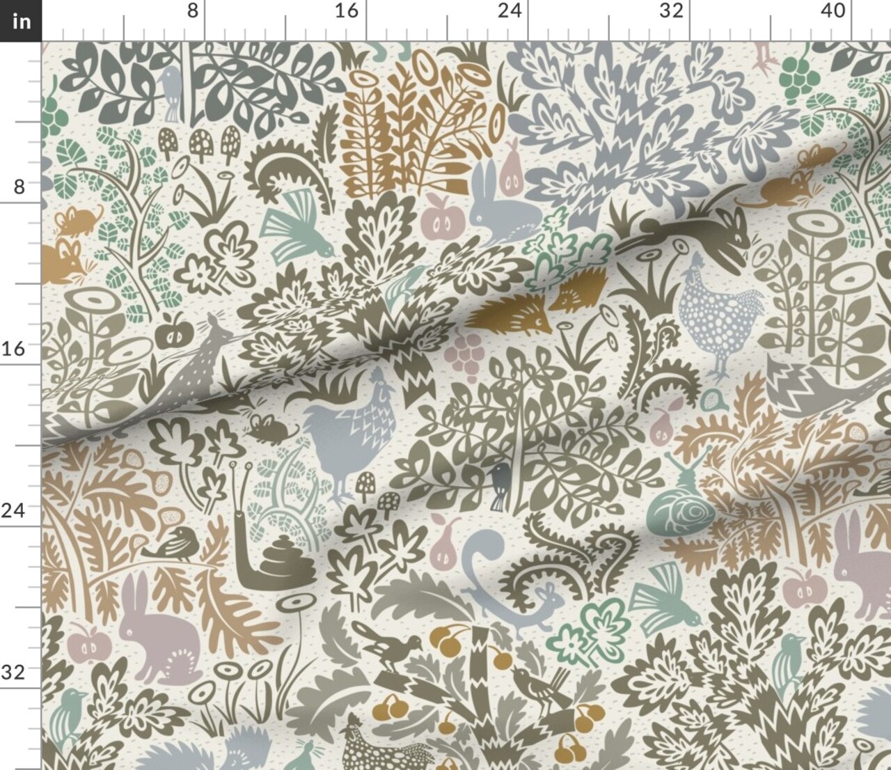 Animals Plants Scandinavian Block Print Rustic Nursery Folk Art Forest Nature Trees Fox Chicken Squirrel Rabbit Birds Fruit Flora Fauna Custom Printed Fabric by Spoonflower Various Fabrics by the Yard or Fat Quarter
